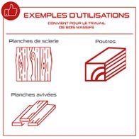 The image shows examples of the use of the planer/thicknesser PX-ADH-8 Practixx. Suitable for working with solid wood. It depicts sawmill planks, beams, and planed surfaces.