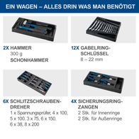 Der Scheppach Werkstattwagen TW1000 enthält: 2 Schonhammer (300 g), 12 Gabelring-Schlüssel (8-22 mm), 6 Schlitzschraubendreher (verschiedene Größen), 4 Sicherungsring-Zangen (2 für Innenringe, 2 für Außenringe).