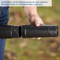 Rohraufsatz mit Schnellverschluss für einfache Montage und platzsparende Lagerung.