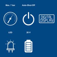 Wichtige Merkmale eines Akku-Handkompressors: Maximaldruck 7 bar, LED-Anzeige, Auto-Aus-Schalter, 20V-Betrieb, digitaler Display