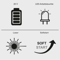 Das Akku-Handkreissäge C-HKS169BE-X Set S hat eine Spannung von 20 V, eine LED-Arbeitsleuchte, einen Laser und einen Softstart.