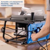 Scheppach Tischkreissäge mit kompakter Bauweise für mobilen Einsatz, inklusive ergonomischer Halterung und Schutzvorrichtung