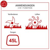 Der Elektro Vertikutierer SC38 von Scheppach bietet eine 3-in-1-Funktion: Vertikutieren, Lüften und einen Fangkorb mit 45 Litern Fassungsvermögen. Ideal für die Rasenpflege.