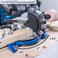 Die Kapp- und Gehrungssäge HM210L von Scheppach bietet einen Drehsteller mit Winkeleinstellung bis zu 45 Grad in beide Richtungen. Diese Funktion ermöglicht präzise Schnitte für verschiedene Anwendungen.