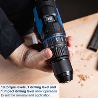 The Scheppach cordless impact drill C-CD45-X features 19 torque levels, 1 drilling level, and 1 impact drilling level for versatile operation. Suitable for various materials and applications.
