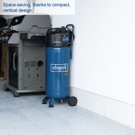 The Scheppach Air Compressor HC51V features a space-saving, compact vertical design. It has a 50-litre tank and a power of 2.0 HP. The compressor is operated with 220 volts.