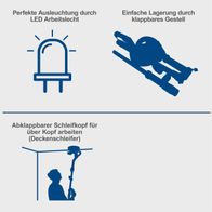 Der Scheppach Wand- und Deckenschleifer DS920X bietet perfekte Ausleuchtung durch LED-Arbeitslicht, einfache Lagerung durch klappbares Gestell und einen abklappbaren Schleifkopf für Arbeiten über Kopf.