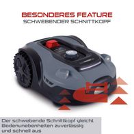Der Mähroboter PX-RRM-2000Wi Practixx verfügt über einen schwebenden Schnittkopf, der Bodenunebenheiten zuverlässig und schnell ausgleicht.