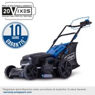 Der Scheppach Akku Rasenmäher BC-MP470-X bietet eine 10-Jahre-Garantie, ist Teil der 20Vix-System-Batterieplattform und hat eine Schnittbreite von 47 cm. Registriere deine Maschine online für die Garantie auf warranty.scheppach.com.