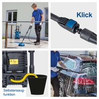 Der Hochdruckreiniger HCE2200 von Scheppach verfügt über eine Klick-Funktion zum einfachen Wechseln der Düsen und eine Selbstansaugfunktion für den Wasserbehälter.