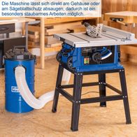 Scheppach Tischkreissäge mit direktem Staubsaugeranschluss am Gehäuse für staubarmes Arbeiten, inkl. Untergestell und Verbreiterungen
