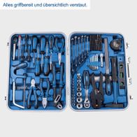 Werkzeugkoffer TB173 von Scheppach mit übersichtlicher Innenbefüllung, inklusive Abisolierzange und vielen Werkzeugen für DIY-Projekte.