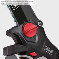 Der Akku-Gehölzschneider CBS260-20Li von Scheppach bietet schnelle und einfache automatische Kettenspannung mittels Feder. Diese Funktion sorgt für eine einfache Handhabung und Wartung des Geräts.