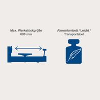 Die Drechselmaschine DM600VARIO hat eine maximale Werkstückgröße von 600 mm. Sie verfügt über ein Aluminiumbett und einen Transporttisch.