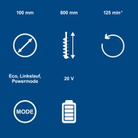 Technische Daten: Akku-Erdbohrer mit 800 mm Bohrlänge, 100 mm Bohrung, 20 V, 125 min Betriebszeit; Betriebsmodi Eco, Linkslauf, Powermode