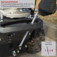 Gangwahlhebel für Kehrmaschine mit Geschwindigkeiten 2,5–4,3 km/h für Vorwärtsgang und 2,5 km/h für Rückwärtsgang, 4-Gang-Getriebe mit Positionen 1, 2, 3 und R.