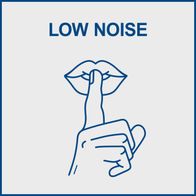 Der Generator ist leise im Betrieb, was durch das Bild eines Fingers vor dem Mund symbolisiert wird. Der Text 'LOW NOISE' betont die Geräuscharmut.