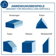 Das Bild zeigt Anwendungsbeispiele für den Band- und Tellerschleifer BTS900Vario von Scheppach. Geeignet für Weichholz und Hartholz. Es werden verschiedene Schleifmöglichkeiten dargestellt: Rundungen, Ecken, Fasen, Flächen und Winkelschliff.