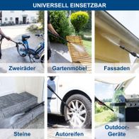 Universal einsetzbare Hochdruckreiniger-Funktionen für verschiedene Oberflächen: Zweiräder, Gartenmöbel, Fassaden, Steine, Autoreifen, Outdoor-Geräte