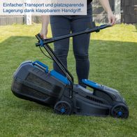 Der Akku-Rasenmäher BC-MP320-X von Scheppach bietet einfachen Transport und platzsparende Lagerung dank klappbarem Handgriff.