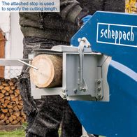 The attached stop is used to specify the cutting length. The Scheppach tool is a tilting log saw HS410 with a 405mm TCT blade and 2200W power.