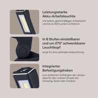 Die Akku-Arbeitsleuchte GO-AL20 gomag von Scheppach bietet helle, gleichmäßige Arbeitsbeleuchtung mit bis zu 300 Lumen. Der Leuchtkopf ist in 6 Stufen einstellbar und um 270° schwenkbar. Integrierter Befestigungshaken für einfaches Aufhängen.