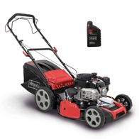 Der Benzin Rasenmäher MS175-51 von Scheppach mit 5,4 PS, 51 cm Schnittbreite, Radantrieb und inkl. Motoröl. Wird von der Seite gezeigt.
