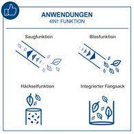 4-in-1-Funktionen für Akku-Laubsauger/-Bläser: Saugeinrichtung, Blasfunktion, Hackelfunktion und integrierter Fangsack