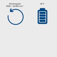 Der Akku-Exzenterschleifer hat eine Schwingzahl von 6000 bis 24.000 min⁻¹ und eine Spannung von 20 V.