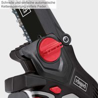 Der Akku-Gehölzschneider PCS6-20PROS von Scheppach bietet schnelle und einfache automatische Kettenspannung mittels Feder. Diese Funktion ermöglicht eine einfache und effiziente Anpassung der Kette ohne zusätzliche Werkzeuge.