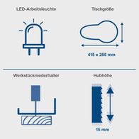 Die Dekupiersäge DECO-FLEX Scheppach verfügt über eine LED-Arbeitsleuchte, eine Tischgröße von 415 x 255 mm, einen Werkstückniederhalter und eine Hubhöhe von 15 mm.