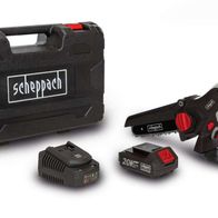 Akku-Gehölzschneider CBS260-20Li von Scheppach mit Ladegerät und Akku, gezeigt von der Seite.