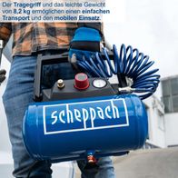 Handlicher Scheppach-Kompressor mit ergonomischem Griff und leichtem Gewicht von 8,2 kg für einfachen Transport und mobilen Einsatz.