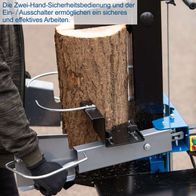Der Holzspalter HL810 von Scheppach verfügt über eine Zwei-Hand-Sicherheitsbedienung und einen Ein-/Ausschalter für sicheres und effektives Arbeiten.