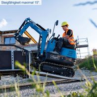 Mini-Bagger mit maximaler Steigung von 15° für Scheppach-Minibagger EXC815 mit Schaufelarm und Abwurfbehälter DP3000