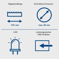 Metallbandsäge MBS1200 mit 1141 mm Sägebandlänge, max. 80 mm Schnittdurchmesser, LED-Beleuchtung und 1200 W Motor.