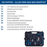 Werkzeugkoffer mit 169 Teilen inkl. Schraubendreher, Kombizange, Klemmzangen, Bohrer und Messerien für Scheppach-Werkzeugset
