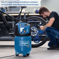 Der Kompressor HC25V von Scheppach bietet verschiedene Aufsätze für vielfältige Anwendungen. Mit einer Leistung von 170 Litern pro Minute und einem Druck von 10 bar ist er vielseitig einsetzbar.