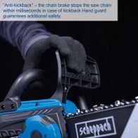 The Scheppach cordless chainsaw features an anti-kickback function that stops the chain instantly in case of kickback. The hand guard provides additional safety.