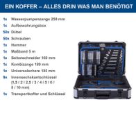 Werkzeugkoffer TB225 mit detaillierter Liste aller enthaltenen Werkzeuge und Zubehörteile für Scheppach-Toolkit