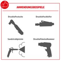 Das Kompressor AC501-14 Set Herkules (Bauhaus) enthält eine Druckluftratsche, einen Druckluftschleifer, eine Sandstrahlpistole und einen Druckluftmeiselhammer.