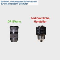 Schneller, werkzeugloser Bohrerwechsel durch Schnellspann-Bohrfutter. Vergleich zwischen Scheppach DP18Vario und herkömmlichen Herstellern.