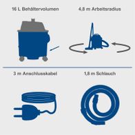 Der Elektro-Nass-/Trockensauger VC16 von Scheppach hat ein Behältervolumen von 16 Litern, einen Arbeitsradius von 4,8 Metern, ein 3 Meter langes Anschlusskabel und einen 1,8 Meter langen Schlauch.