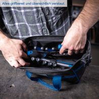 Organisierte Werkzeugtasche mit griffgerechten Halterungen für verschiedene Werkzeuge, übersichtlich verstaut und praktisch für den Alltag und DIY-Projekte.
