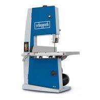 Bandsäge BASA1 von Scheppach mit 230V und 300W Leistung. Maximale Durchlasshöhe: 100 mm, Durchlassbreite: 195 mm. Gezeigt von der Seite mit Bedienfeld und Einstellmöglichkeiten.