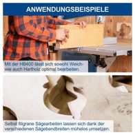 Bild zeigt Anwendung der Bandsäge HBS400 mit Beschriftung zur optimalen Bearbeitung von Weich- und Hartholz sowie präzisen Sägearbeiten durch verschiedene Sägebandbreiten.