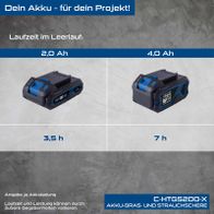 Scheppach Akku-Gras- und Strauchschere mit Laufzeitvergleichen (2,0 Ah vs. 4,0 Ah) und Laufzeiten (3,5 h vs. 7 h)