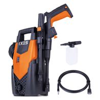 Elektro-Hochdruckreiniger IX-PRC1400 IXES mit orange-schwarzem Design, inklusive Sprühpistole, Lanze und Hochdruckschlauch. Besondere Merkmale: RUSH-Technologie für effiziente Reinigung.