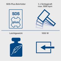 Scheppach SDS-Plus Bohrhammer mit 3 Joule Schlagkraft, 5500 U/min, 1050 Watt Leistung, Leichtgewichtig