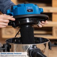 The Scheppach wet/dry vacuum cleaner VC20 features a quick release fastener for fast and convenient emptying. With 1300W power, a 20L stainless steel container, and a 4m connection cable.